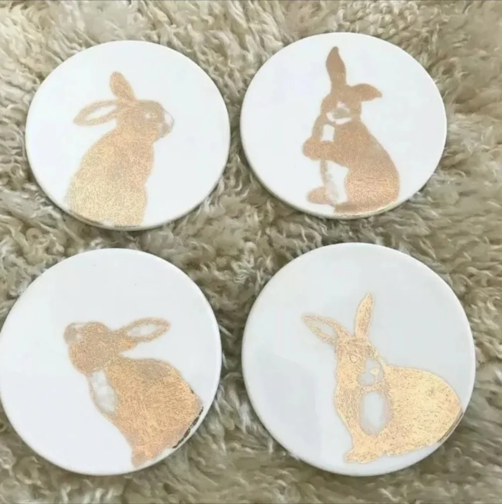 4 New PIER 1 Metallic Gold Easter Bunny Rabbit Salad Appetizer Dessert Plates
